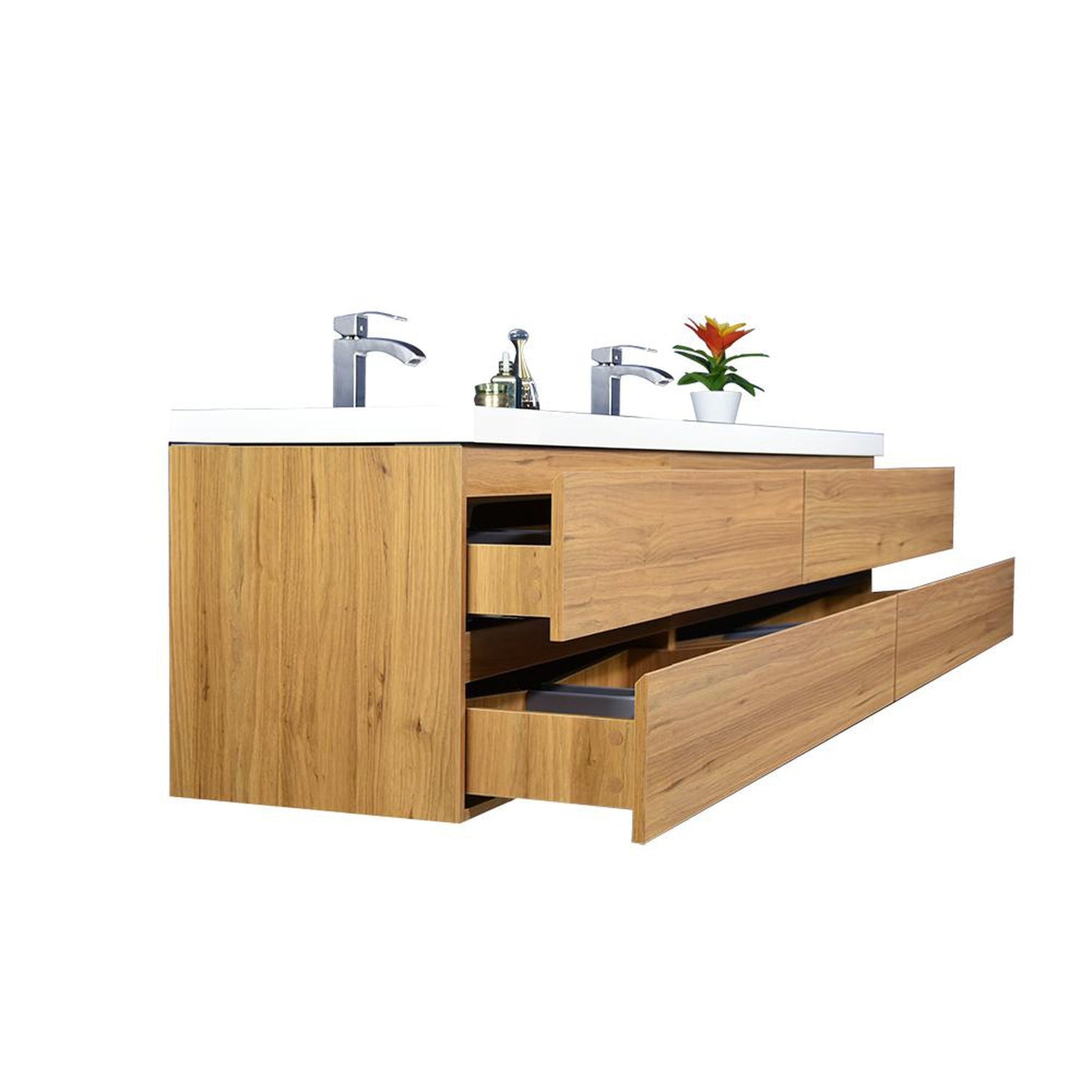 Boho Elegance 84&quot; Nature Oak Wall-Mounted Vanity With Double Reinforced White Acrylic Sinks