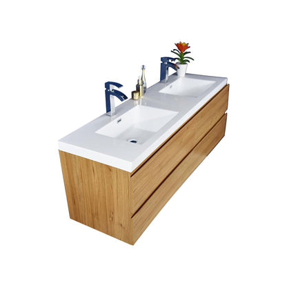 Boho Elegance 84&quot; Nature Oak Wall-Mounted Vanity With Double Reinforced White Acrylic Sinks