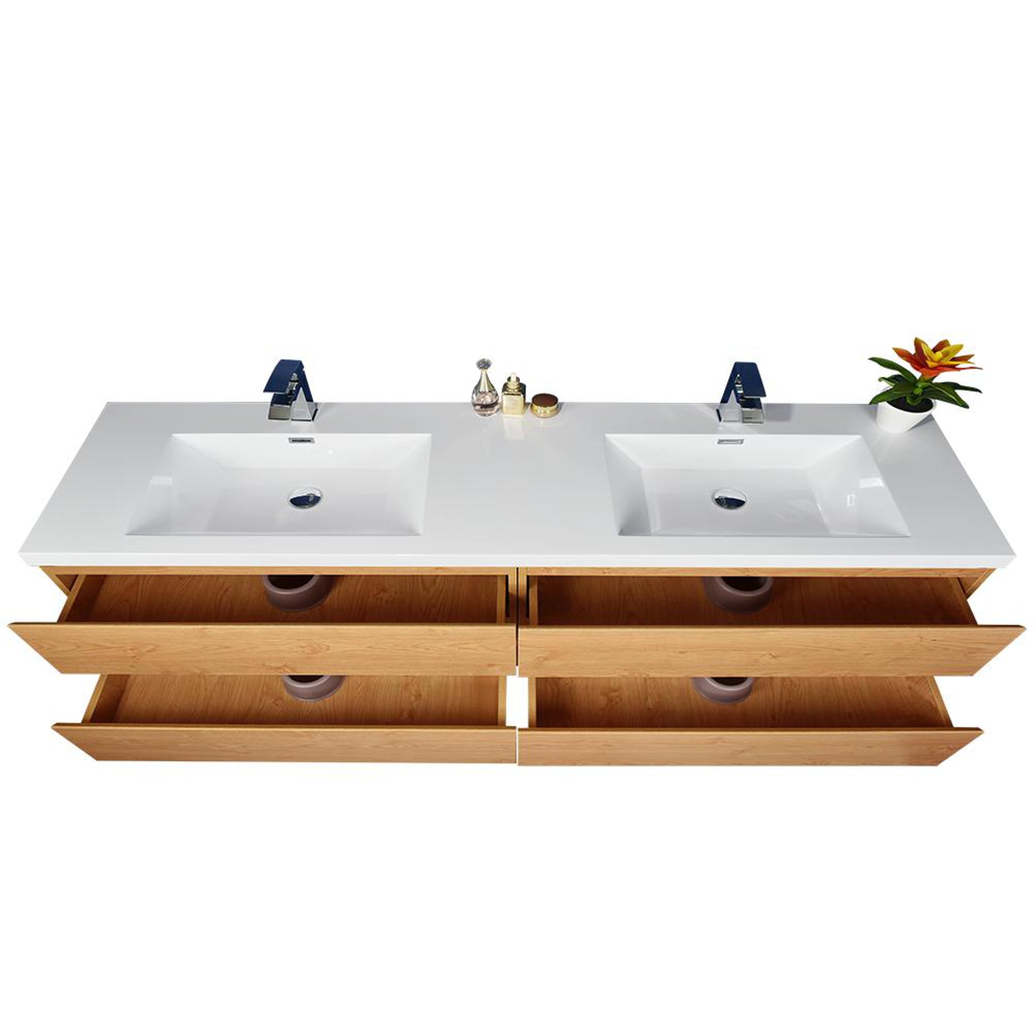 Boho Elegance 84&quot; New England Oak Wall-Mounted Vanity With Double Reinforced White Acrylic Sinks