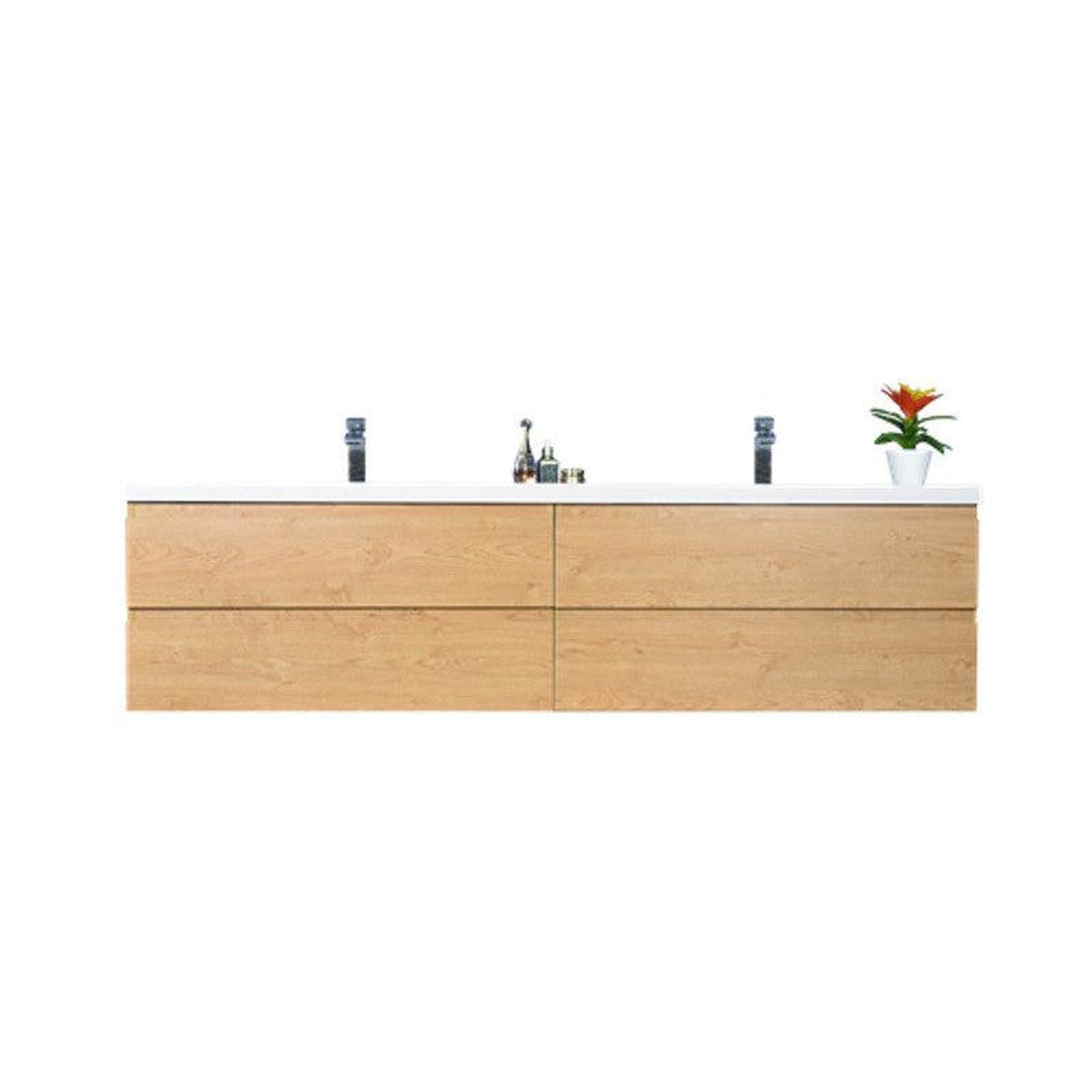 Boho Elegance 84&quot; New England Oak Wall-Mounted Vanity With Double Reinforced White Acrylic Sinks