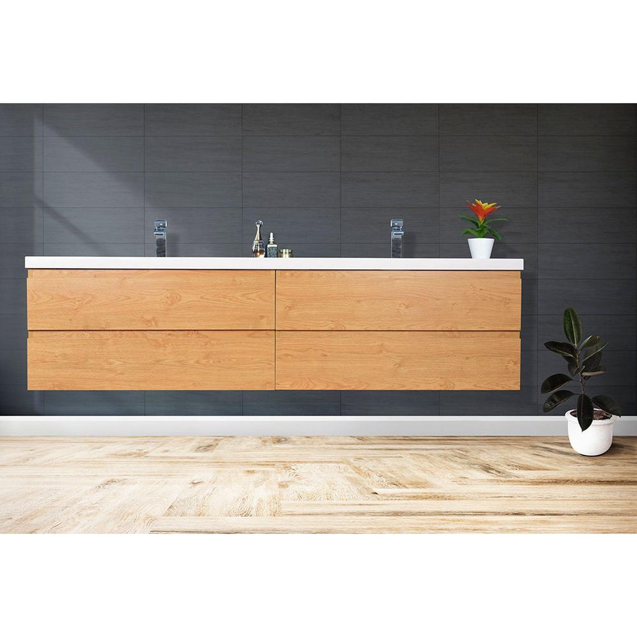 Boho Elegance 84&quot; New England Oak Wall-Mounted Vanity With Double Reinforced White Acrylic Sinks