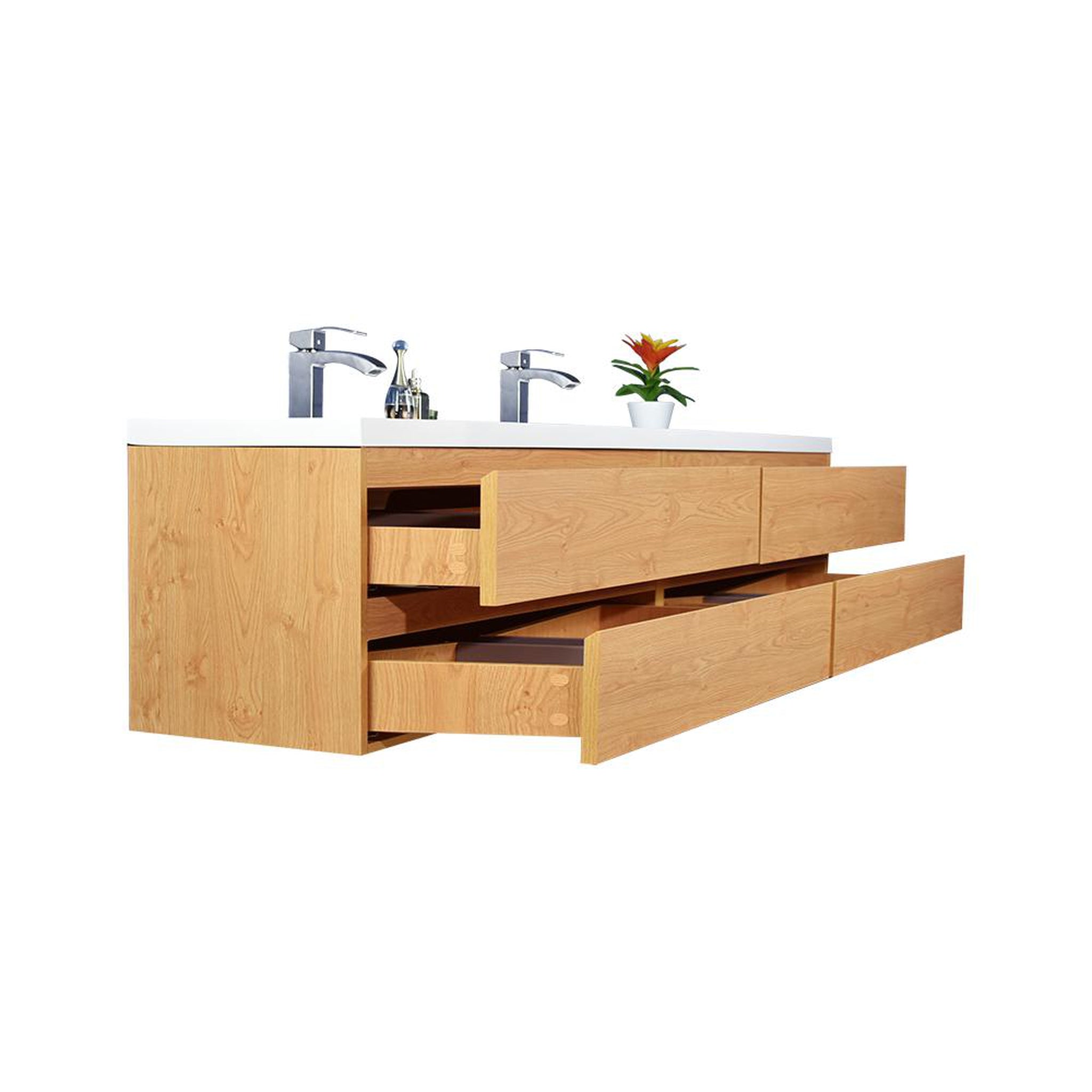 Boho Elegance 84&quot; New England Oak Wall-Mounted Vanity With Double Reinforced White Acrylic Sinks