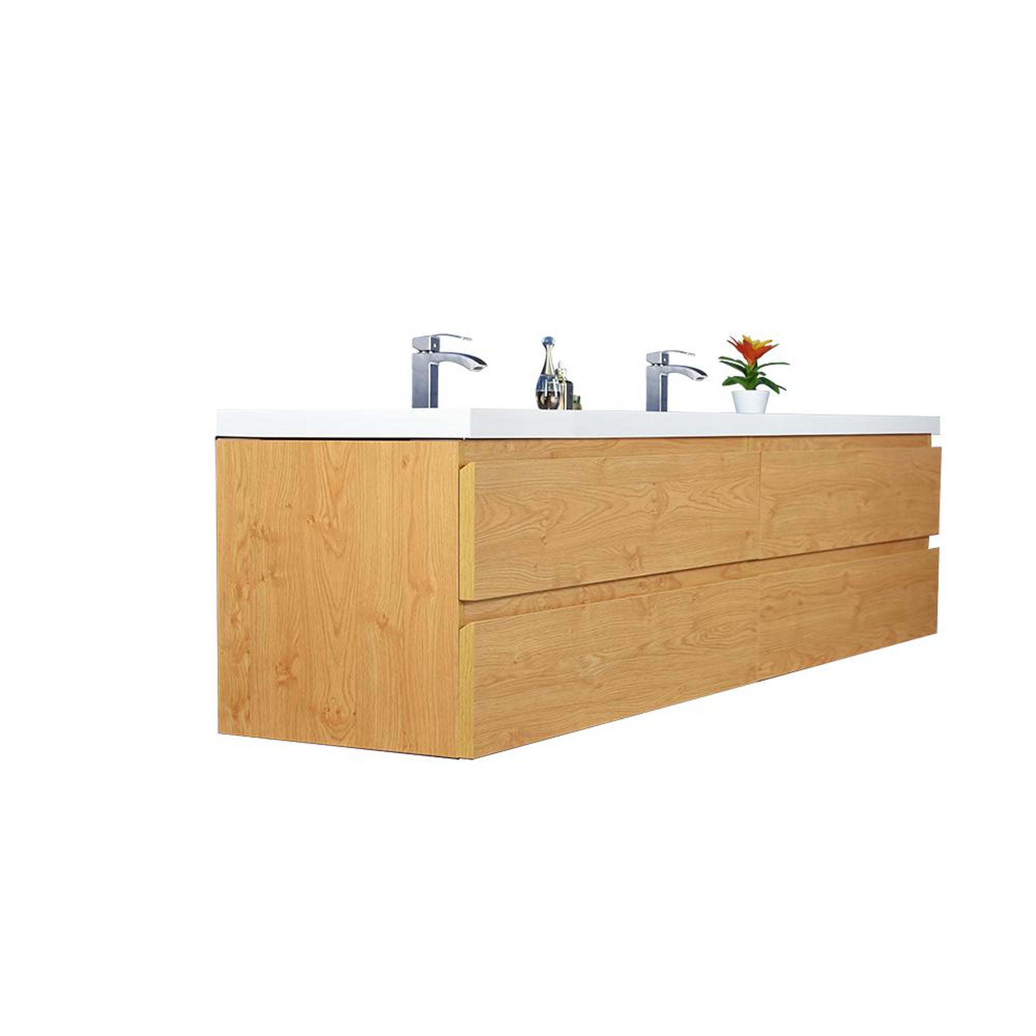 Boho Elegance 84&quot; New England Oak Wall-Mounted Vanity With Double Reinforced White Acrylic Sinks