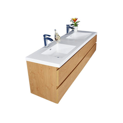 Boho Elegance 84&quot; New England Oak Wall-Mounted Vanity With Double Reinforced White Acrylic Sinks