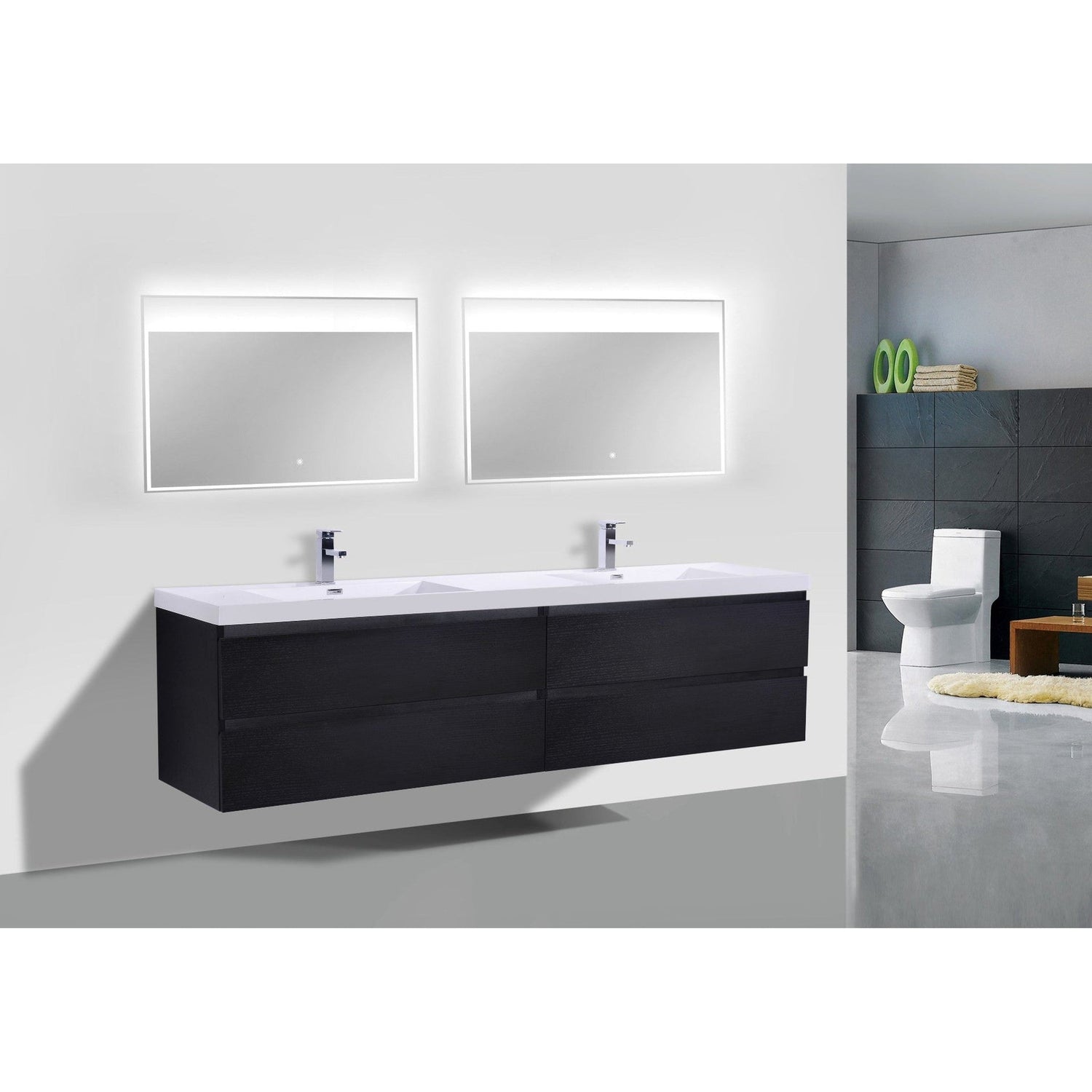 Boho Elegance 84&quot; Rich Black Wall-Mounted Vanity With Double Reinforced White Acrylic Sinks