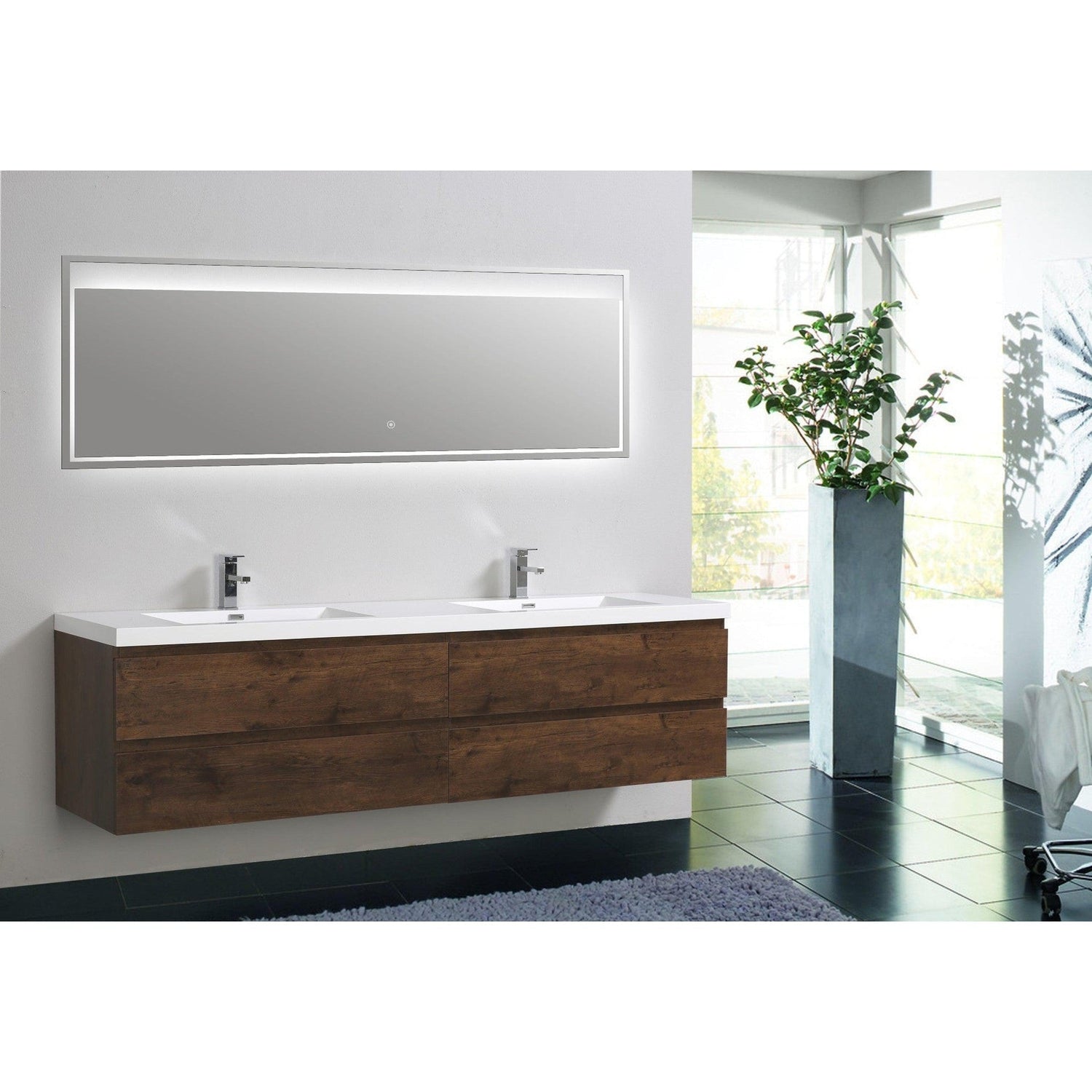 Boho Elegance 84&quot; Rosewood Wall-Mounted Vanity With Double Reinforced White Acrylic Sinks