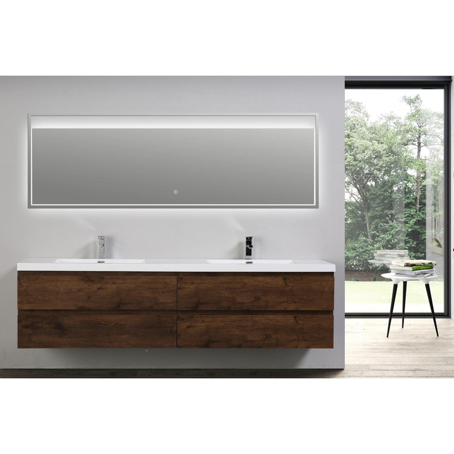 Boho Elegance 84&quot; Rosewood Wall-Mounted Vanity With Double Reinforced White Acrylic Sinks