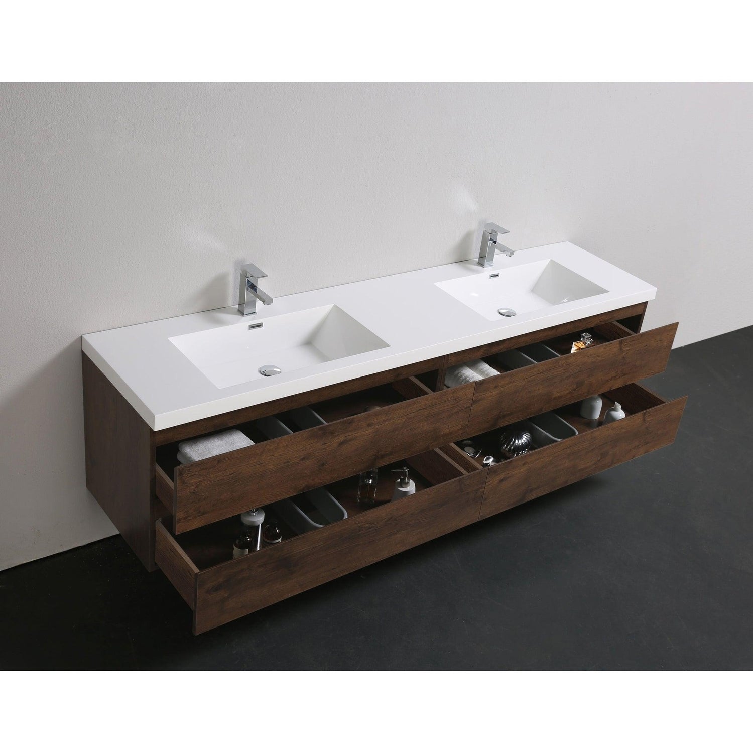 Boho Elegance 84&quot; Rosewood Wall-Mounted Vanity With Double Reinforced White Acrylic Sinks