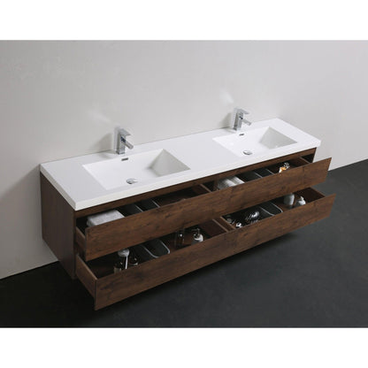 Boho Elegance 84&quot; Rosewood Wall-Mounted Vanity With Double Reinforced White Acrylic Sinks