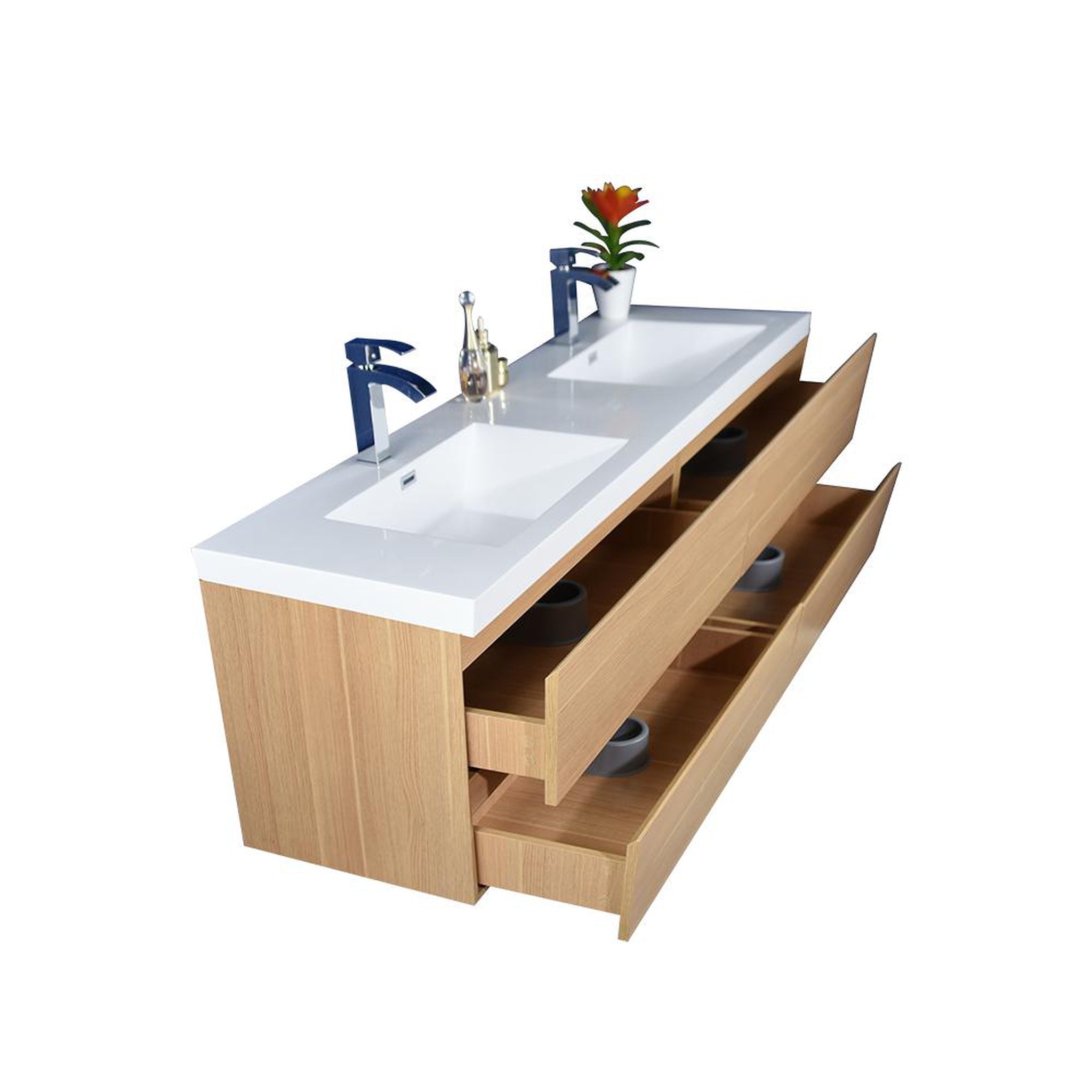 Boho Elegance 84&quot; White Oak Wall-Mounted Vanity With Double Reinforced White Acrylic Sinks