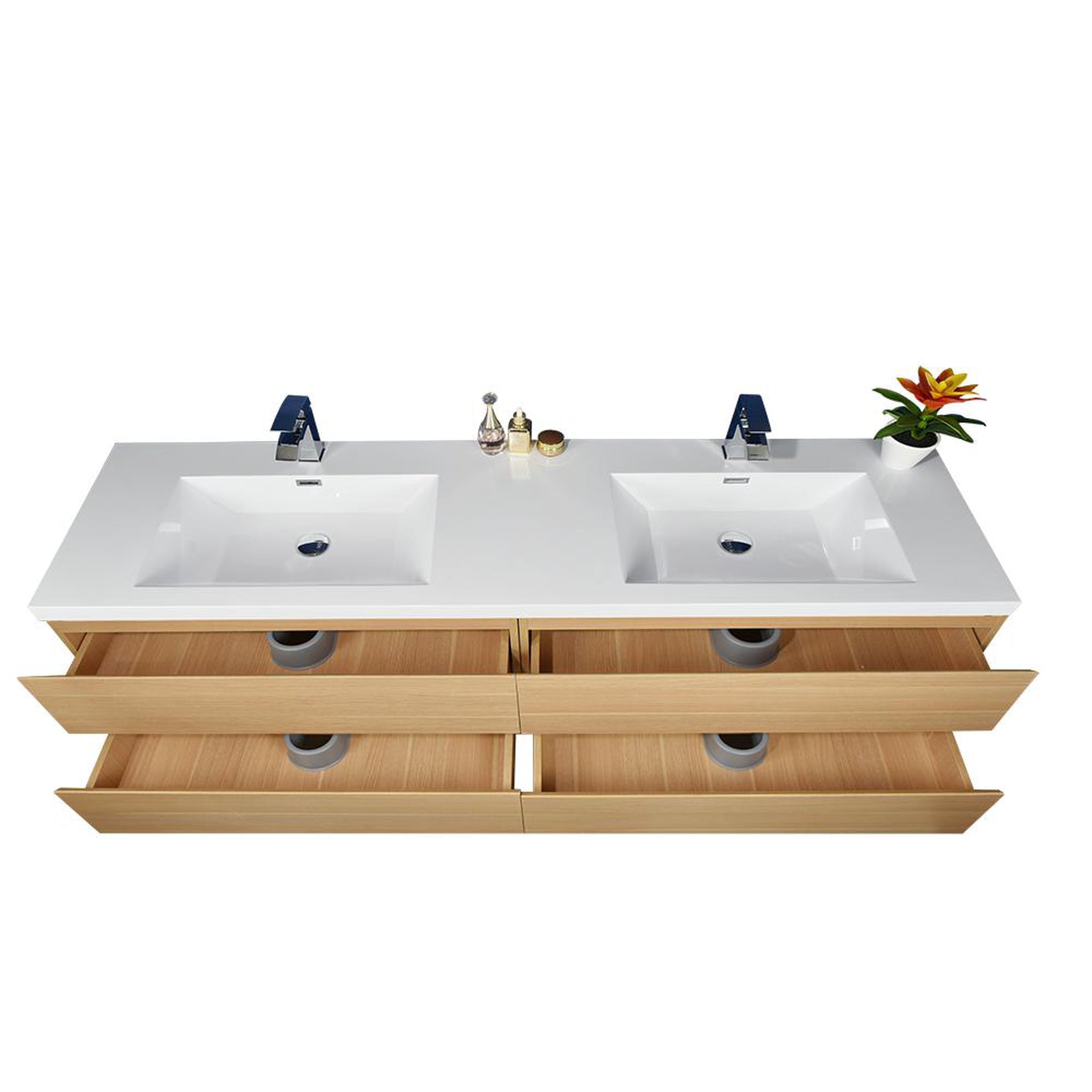 Boho Elegance 84&quot; White Oak Wall-Mounted Vanity With Double Reinforced White Acrylic Sinks