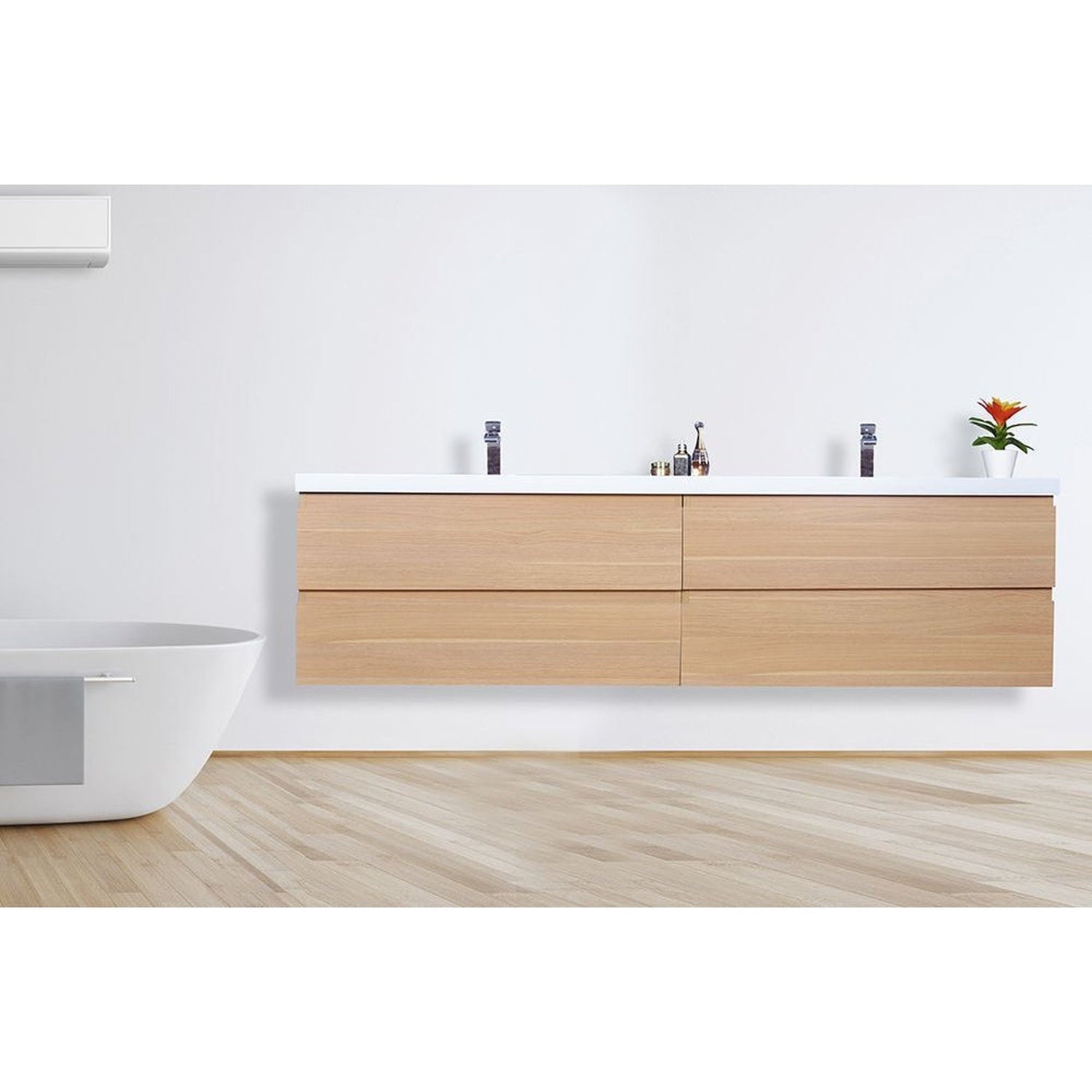 Boho Elegance 84&quot; White Oak Wall-Mounted Vanity With Double Reinforced White Acrylic Sinks