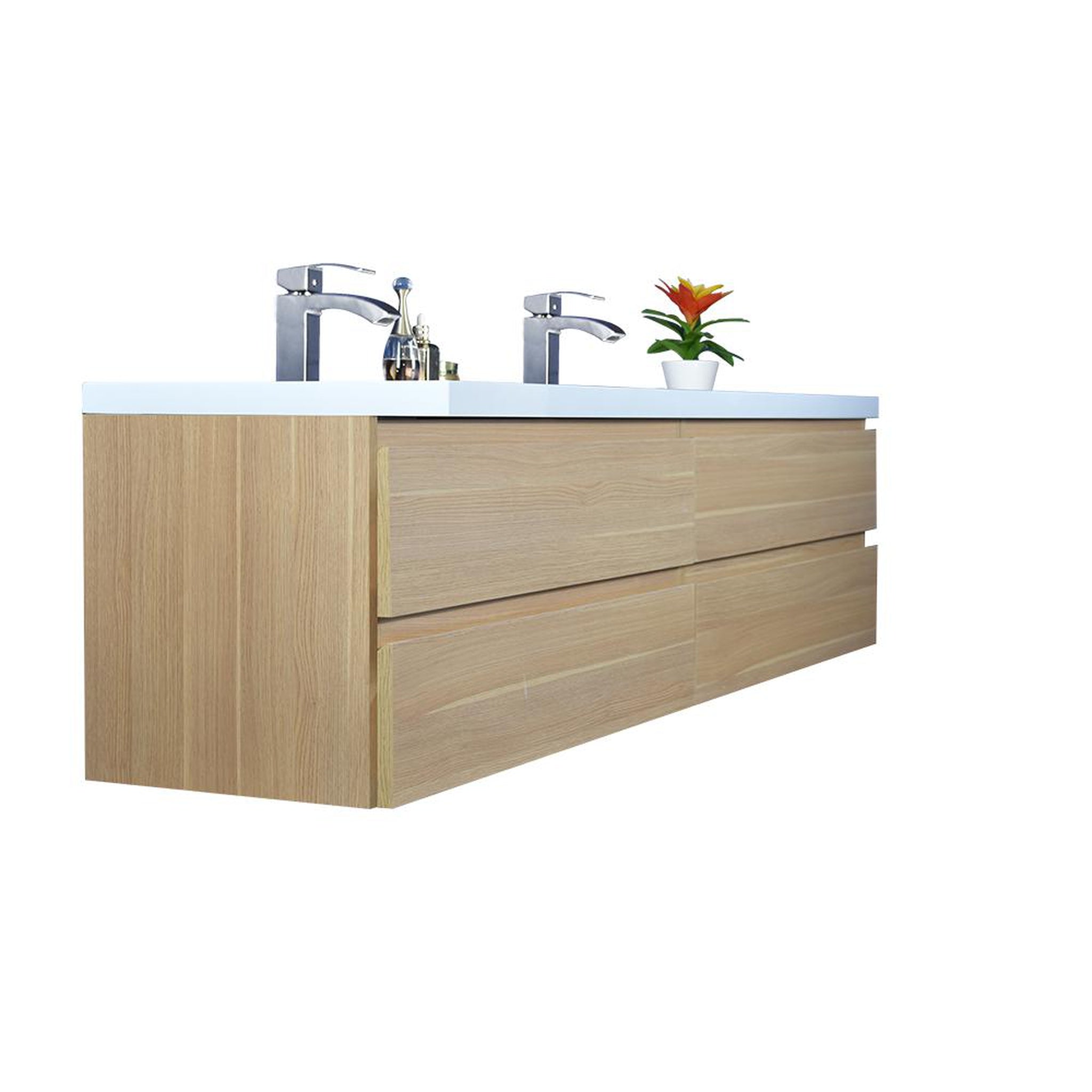 Boho Elegance 84&quot; White Oak Wall-Mounted Vanity With Double Reinforced White Acrylic Sinks