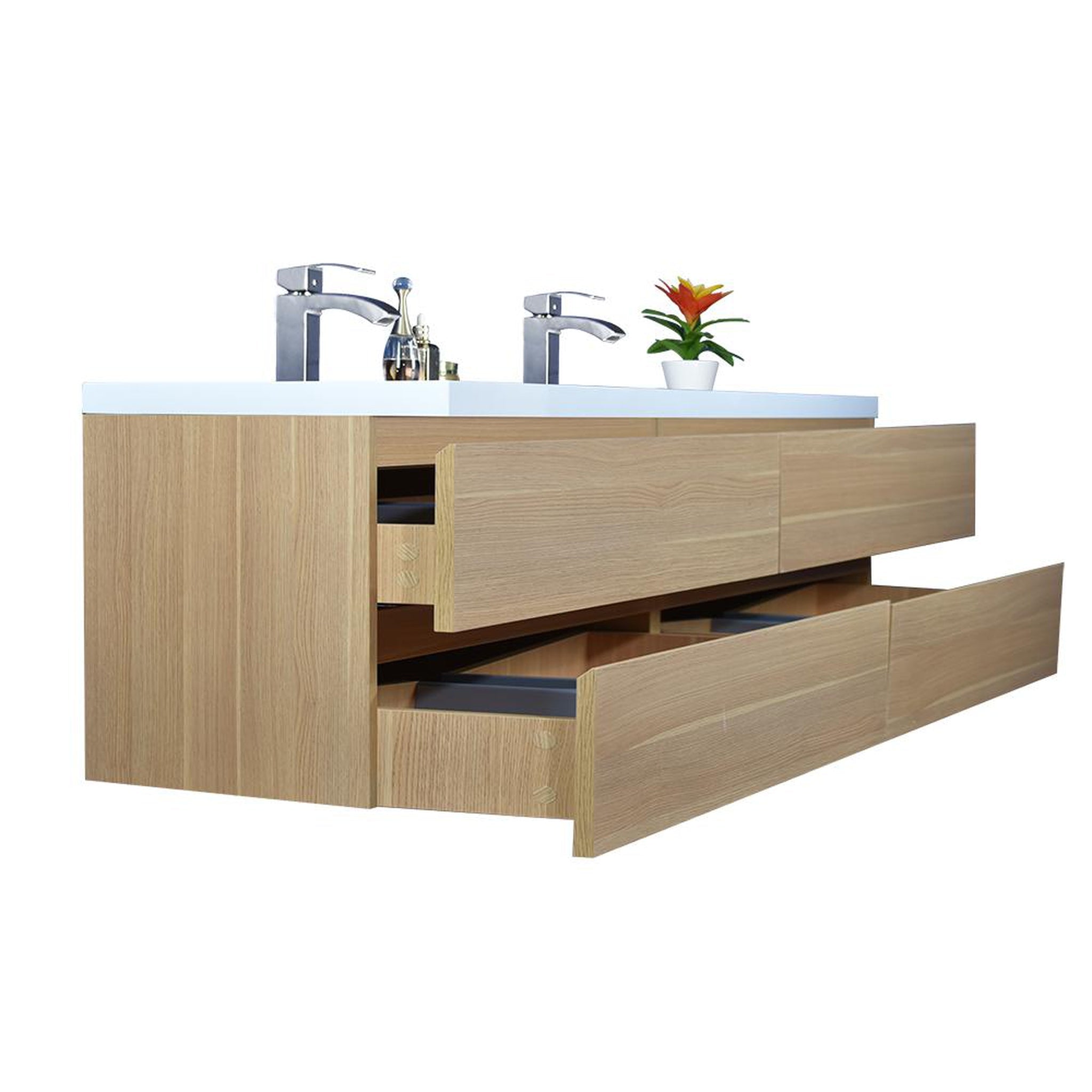 Boho Elegance 84&quot; White Oak Wall-Mounted Vanity With Double Reinforced White Acrylic Sinks