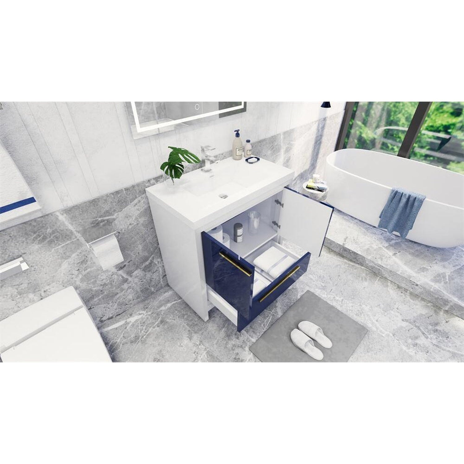 Amara 36&quot; High Gloss Night Blue Freestanding Vanity With Single Reinforced White Acrylic Sink