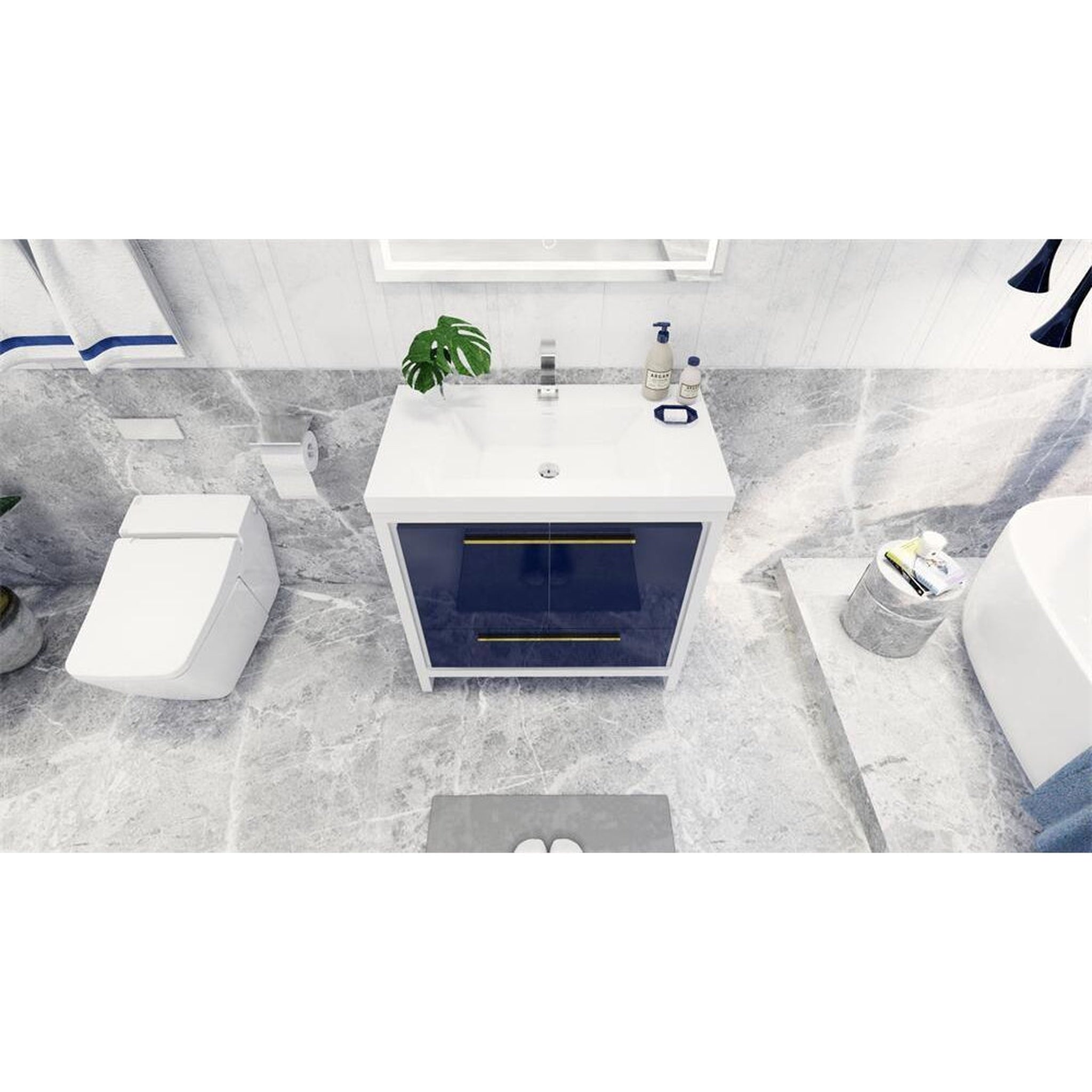 Amara 36&quot; High Gloss Night Blue Freestanding Vanity With Single Reinforced White Acrylic Sink