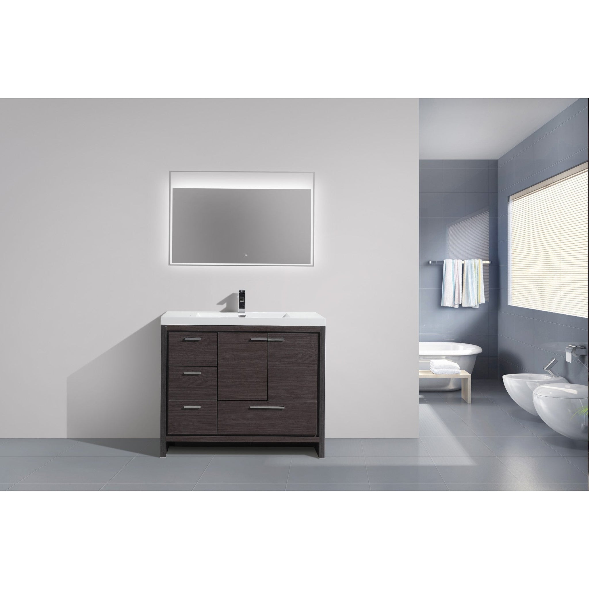 Amara 42&quot; Dark Gray Oak Freestanding Vanity With Left Side Drawers and Single Reinforced White Acrylic Sink