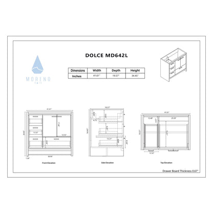 Amara 42&quot; High Gloss Ash Gray Freestanding Vanity With Left Side Drawers and Single Reinforced White Acrylic Sink