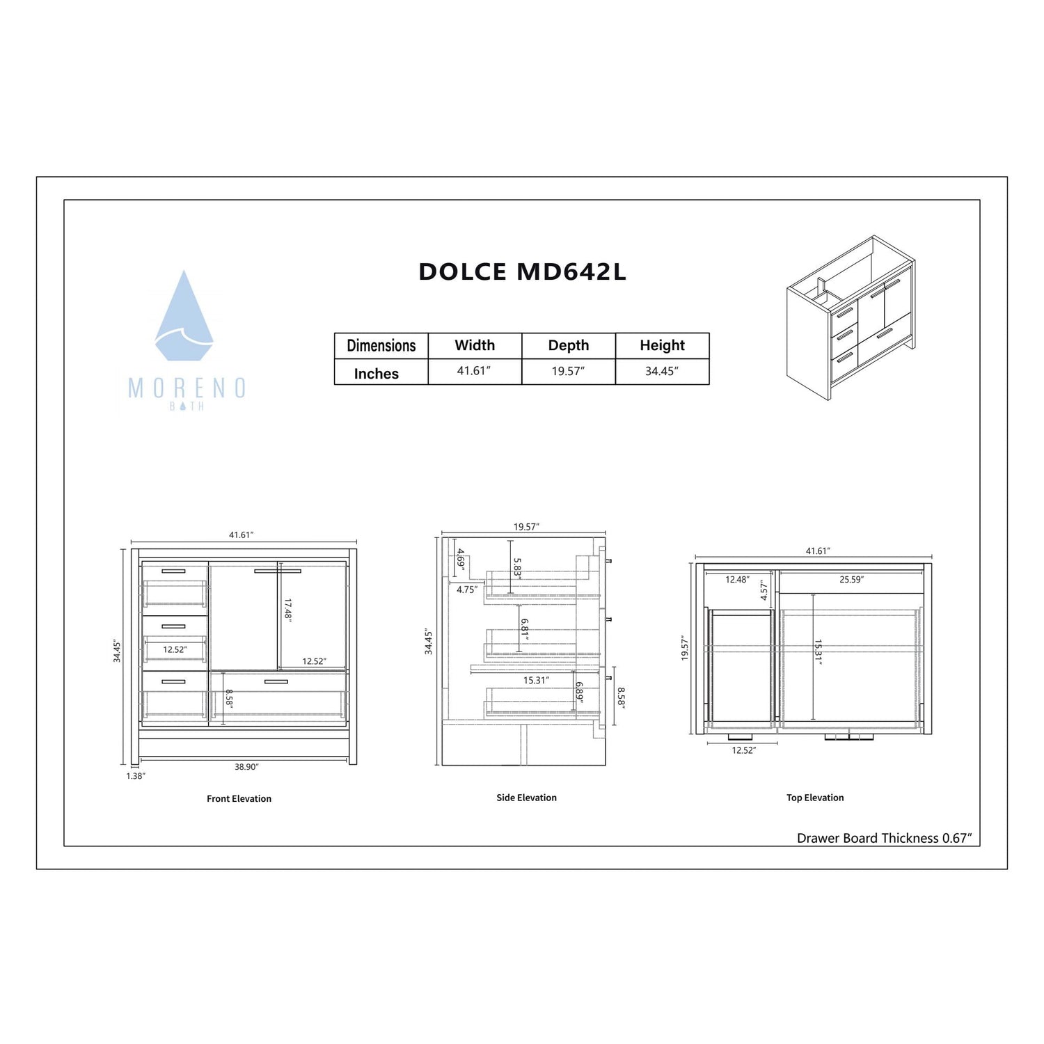 Amara 42&quot; High Gloss Night Blue Freestanding Vanity With Left Side Drawers and Single Reinforced White Acrylic Sink