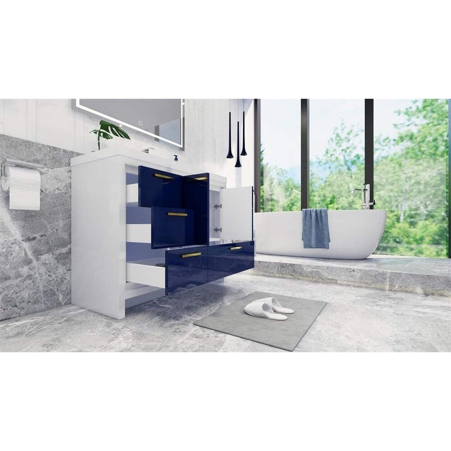 Amara 42&quot; High Gloss Night Blue Freestanding Vanity With Left Side Drawers and Single Reinforced White Acrylic Sink