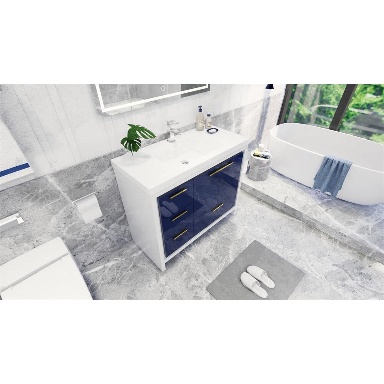 Amara 42&quot; High Gloss Night Blue Freestanding Vanity With Left Side Drawers and Single Reinforced White Acrylic Sink