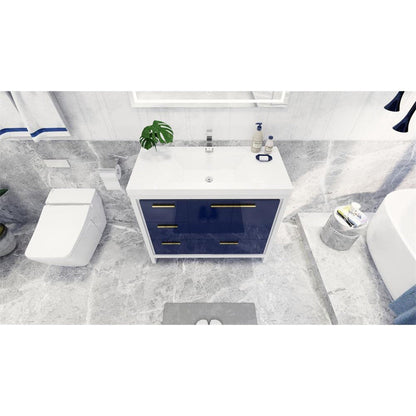 Amara 42&quot; High Gloss Night Blue Freestanding Vanity With Left Side Drawers and Single Reinforced White Acrylic Sink