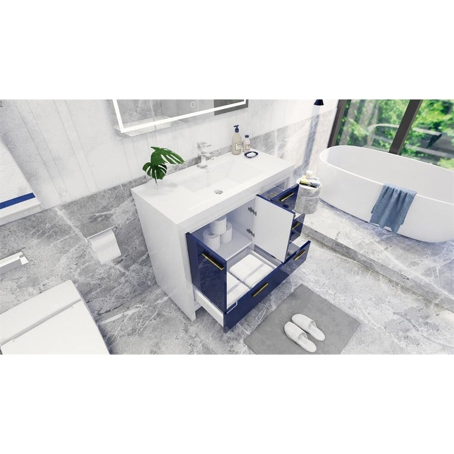 Amara 42&quot; High Gloss Night Blue Freestanding Vanity With Right Side Drawers and Single Reinforced White Acrylic Sink