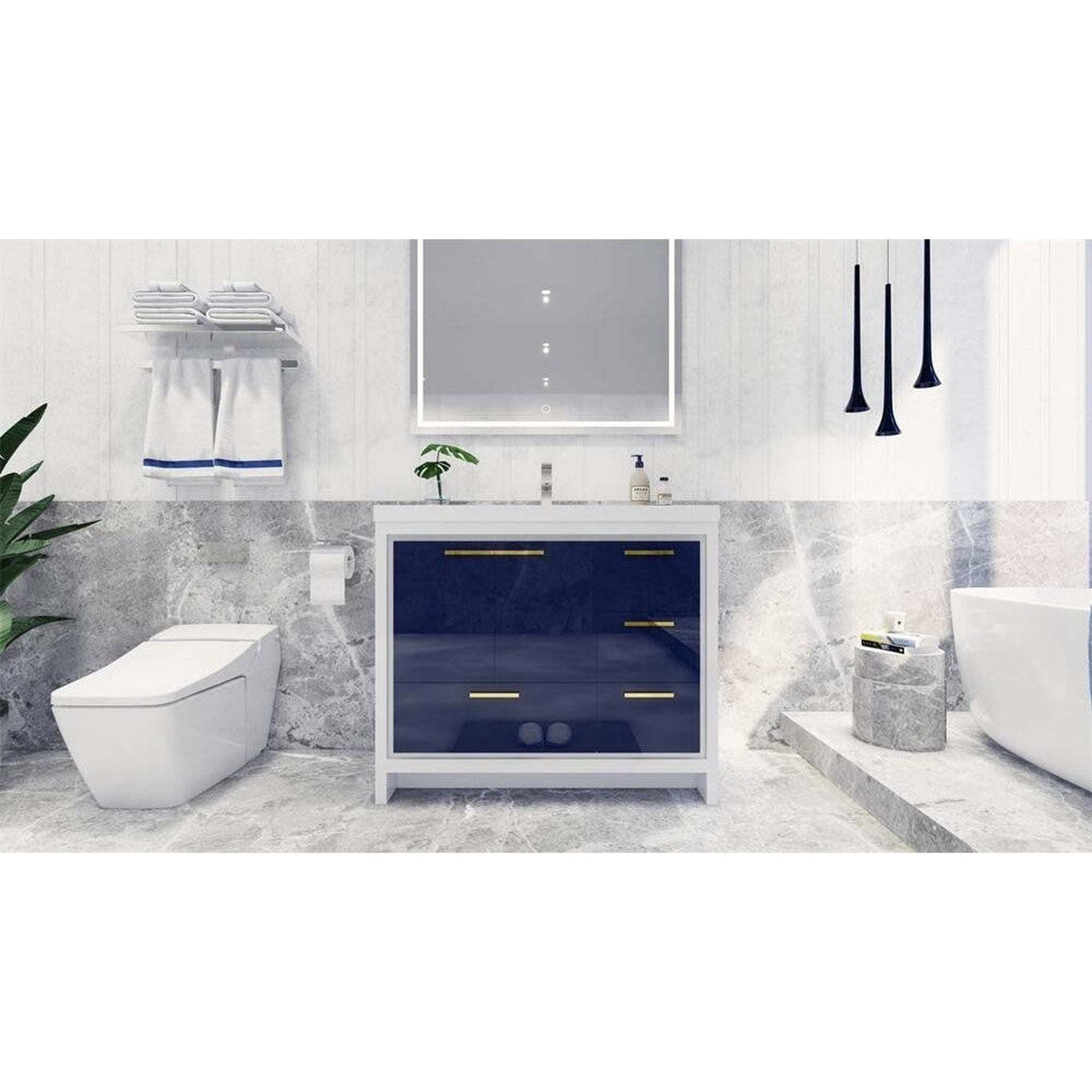 Amara 42&quot; High Gloss Night Blue Freestanding Vanity With Right Side Drawers and Single Reinforced White Acrylic Sink