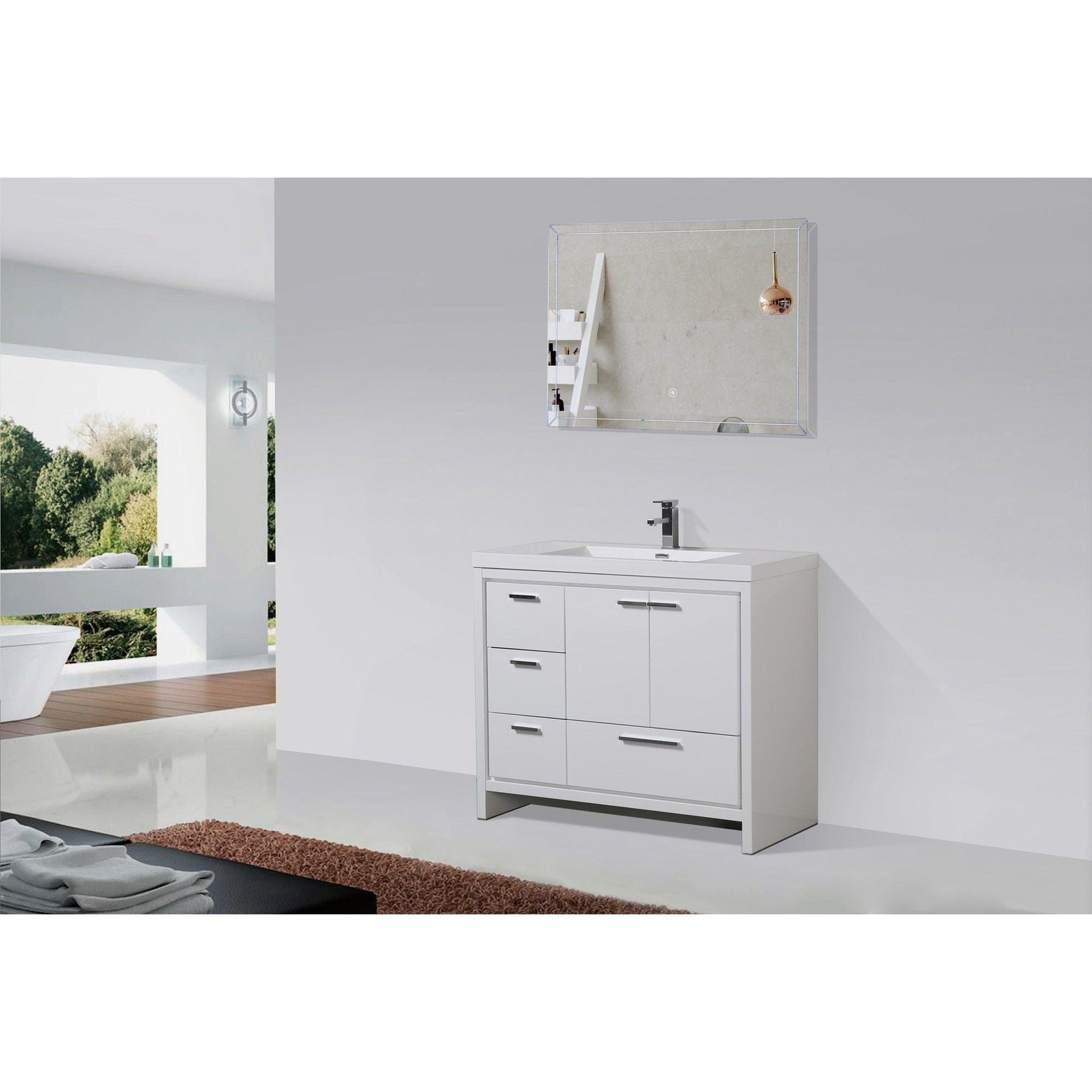 Amara 42&quot; High Gloss White Freestanding Vanity With Left Side Drawers and Single Reinforced White Acrylic Sink