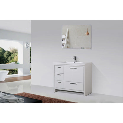 Amara 42&quot; High Gloss White Freestanding Vanity With Left Side Drawers and Single Reinforced White Acrylic Sink