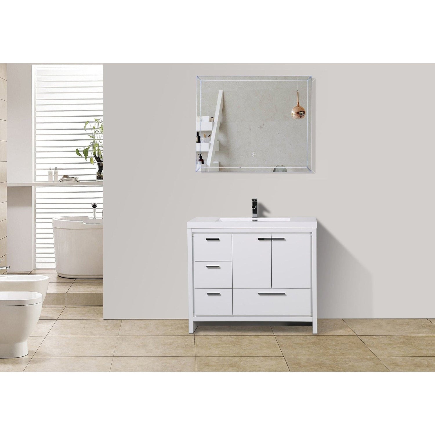 Amara 42&quot; High Gloss White Freestanding Vanity With Left Side Drawers and Single Reinforced White Acrylic Sink