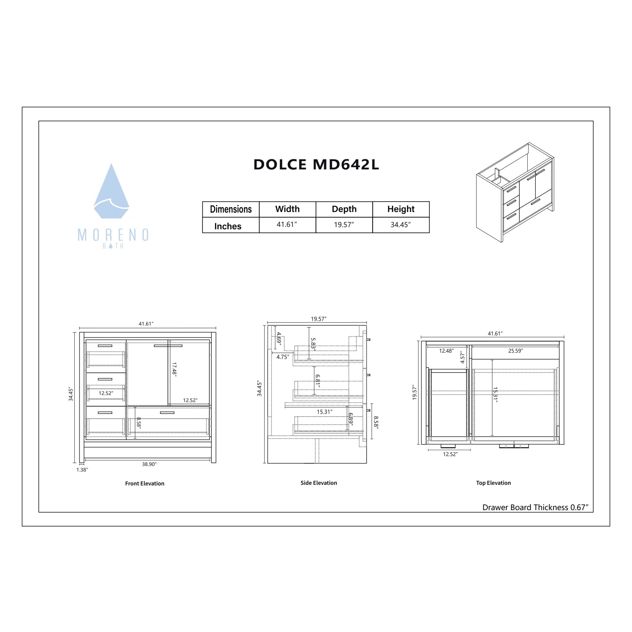 Amara 42&quot; High Gloss White Freestanding Vanity With Left Side Drawers and Single Reinforced White Acrylic Sink