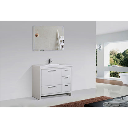 Amara 42&quot; High Gloss White Freestanding Vanity With Right Side Drawers and Single Reinforced White Acrylic Sink