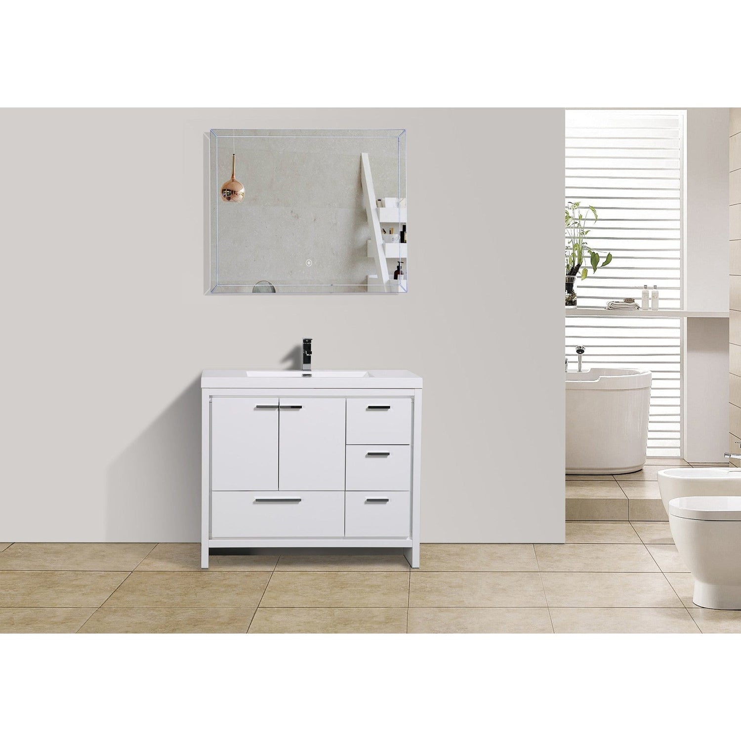 Amara 42&quot; High Gloss White Freestanding Vanity With Right Side Drawers and Single Reinforced White Acrylic Sink