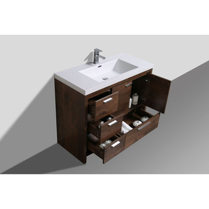 Amara 42&quot; Rosewood Freestanding Vanity With Left Side Drawers and Single Reinforced White Acrylic Sink