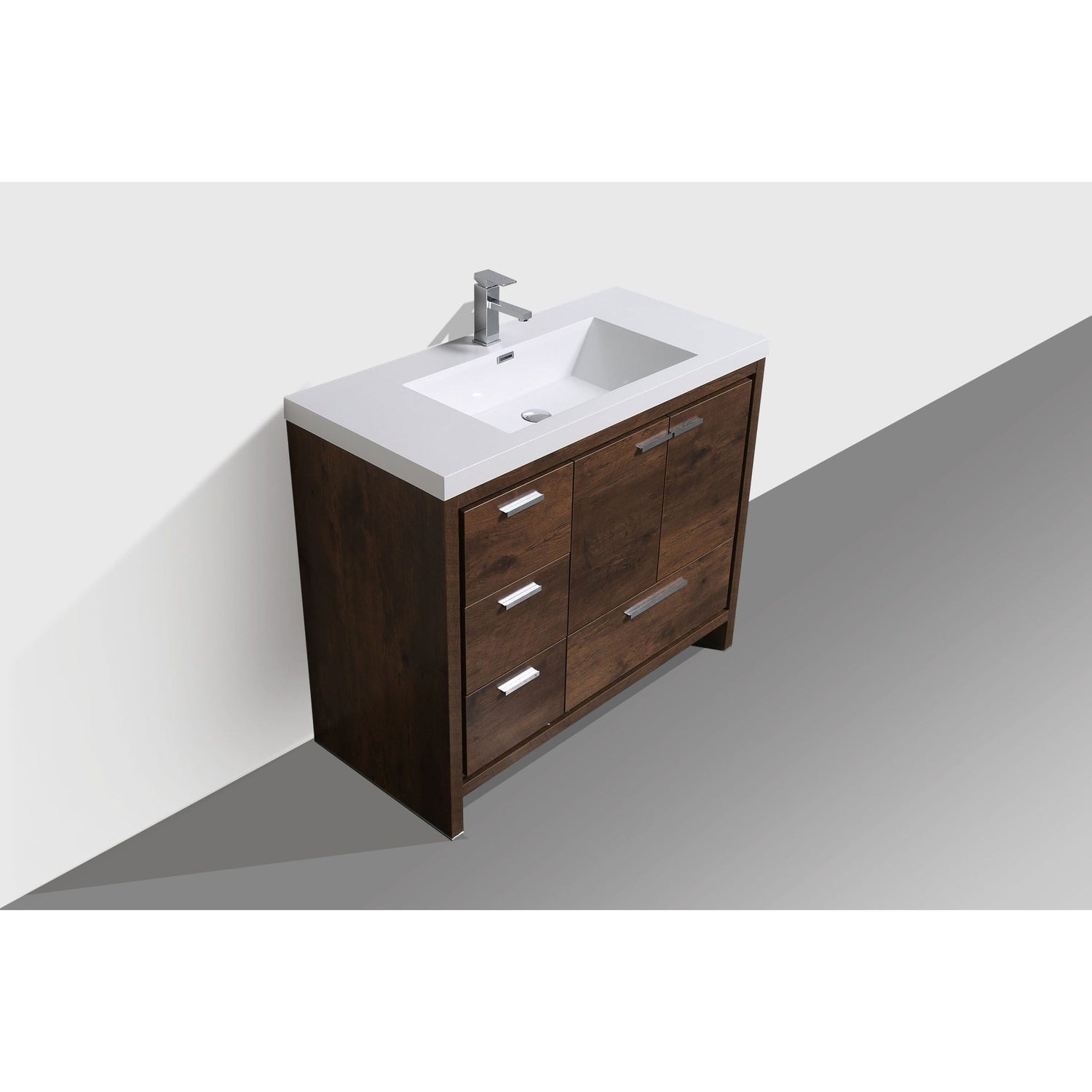 Amara 42&quot; Rosewood Freestanding Vanity With Left Side Drawers and Single Reinforced White Acrylic Sink