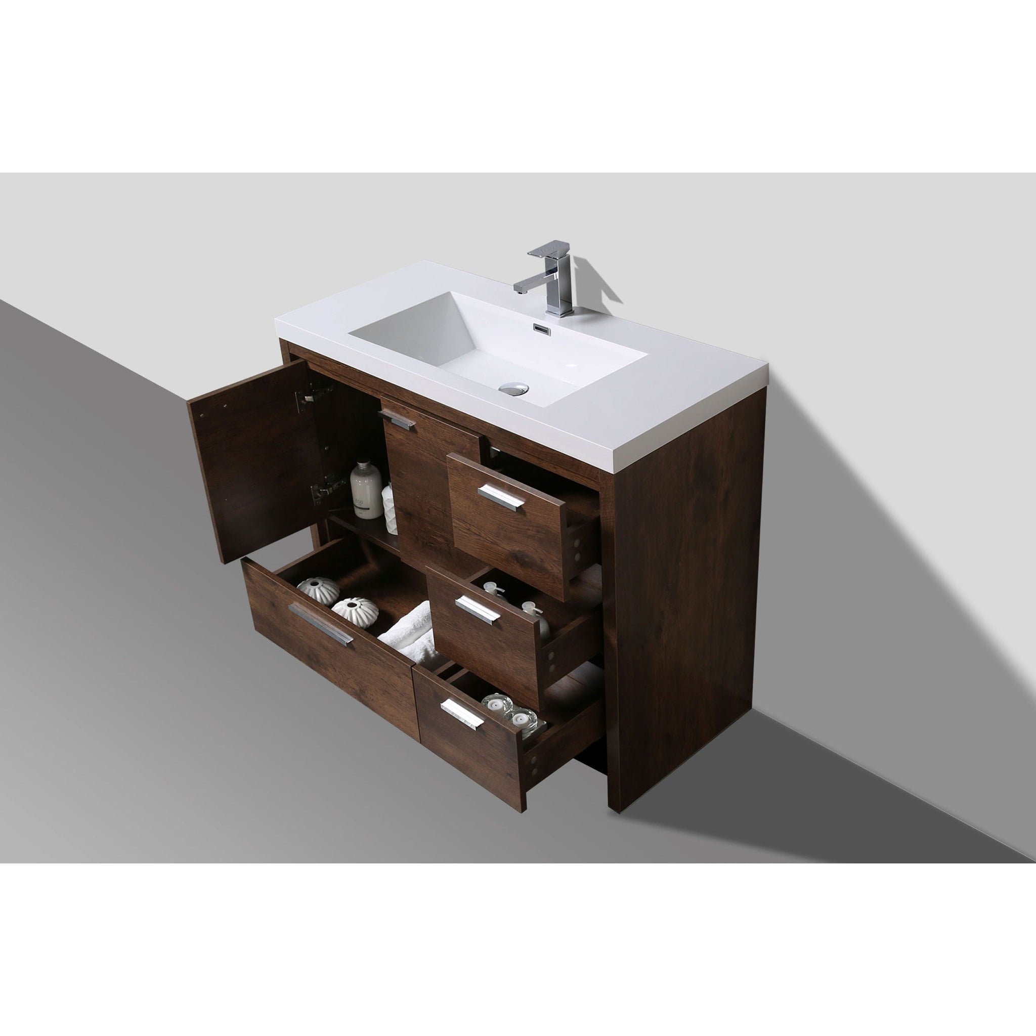 Amara 42&quot; Rosewood Freestanding Vanity With Right Side Drawers and Single Reinforced White Acrylic Sink