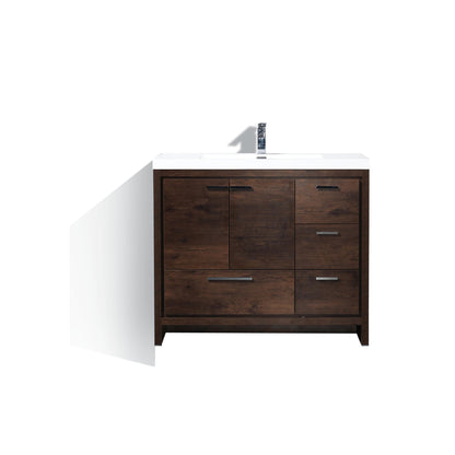 Amara 42&quot; Rosewood Freestanding Vanity With Right Side Drawers and Single Reinforced White Acrylic Sink