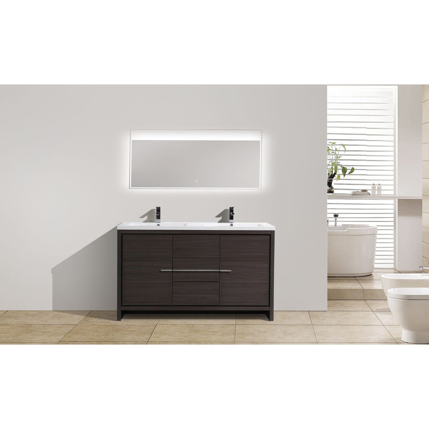 Amara 60&quot; Dark Gray Oak Freestanding Vanity With Double Reinforced White Acrylic Sinks