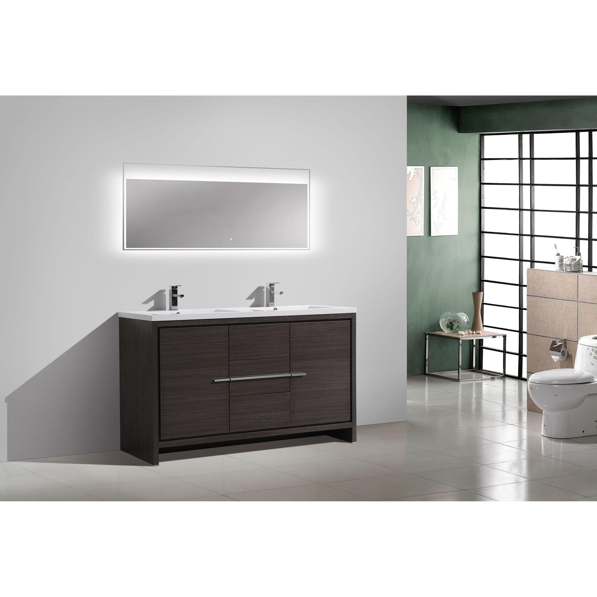 Amara 60&quot; Dark Gray Oak Freestanding Vanity With Double Reinforced White Acrylic Sinks