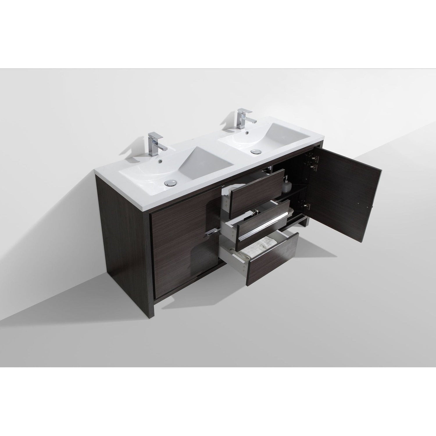 Amara 60&quot; Dark Gray Oak Freestanding Vanity With Double Reinforced White Acrylic Sinks