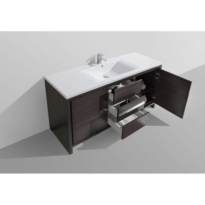 Amara 60&quot; Dark Gray Oak Freestanding Vanity With Single Reinforced White Acrylic Sink