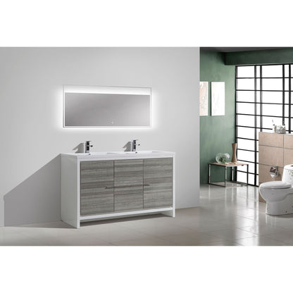 Amara 60&quot; High Gloss Ash Gray Freestanding Vanity With Double Reinforced White Acrylic Sinks