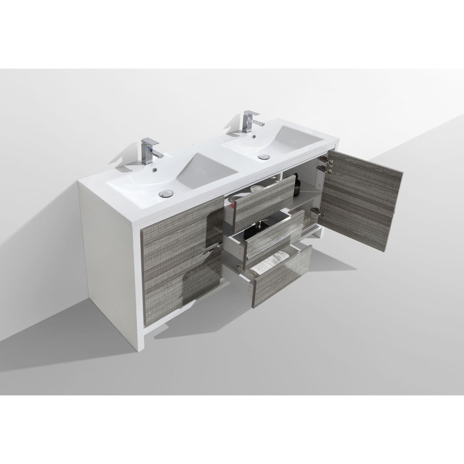 Amara 60&quot; High Gloss Ash Gray Freestanding Vanity With Double Reinforced White Acrylic Sinks