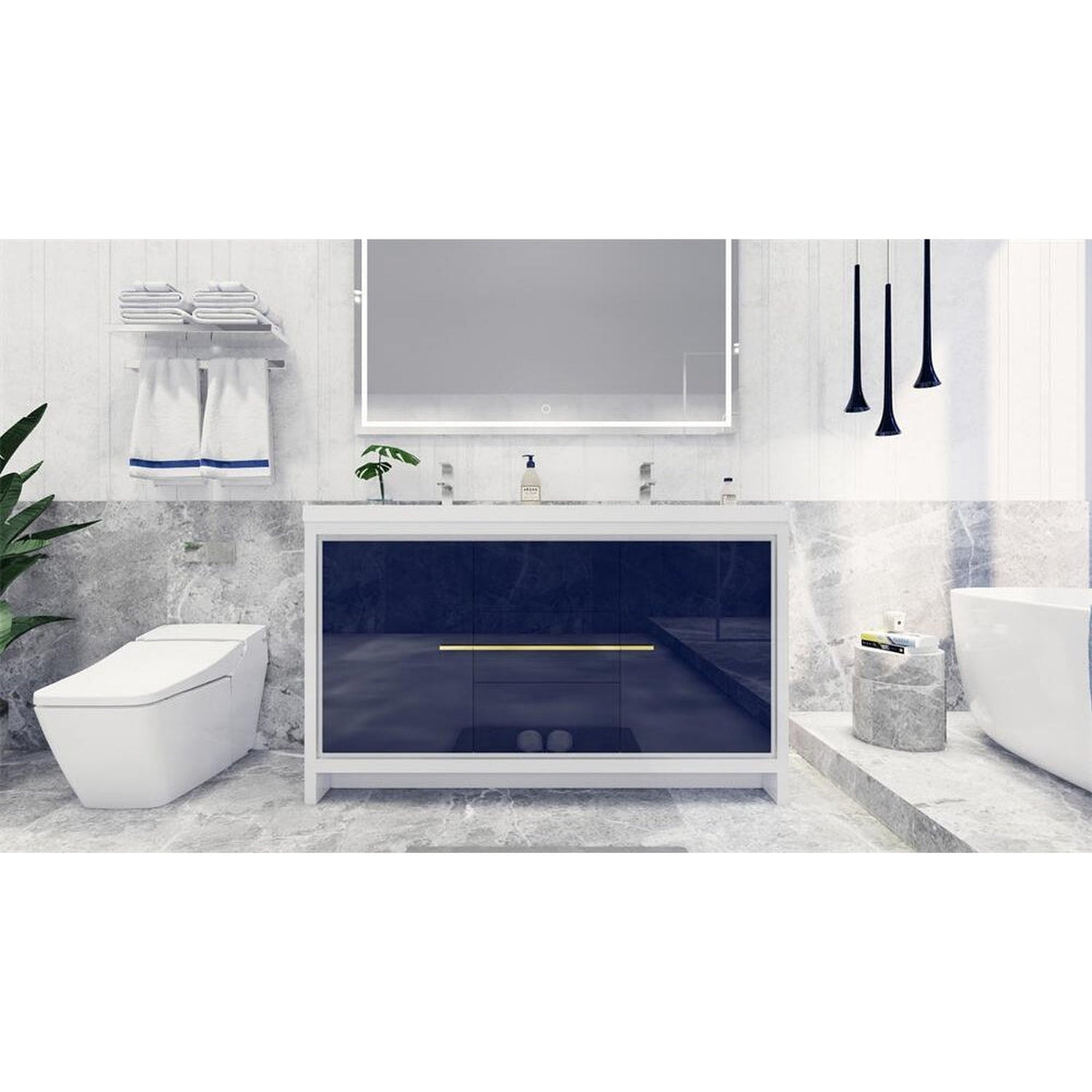 Amara 60&quot; High Gloss Night Blue Freestanding Vanity With Double Reinforced White Acrylic Sinks