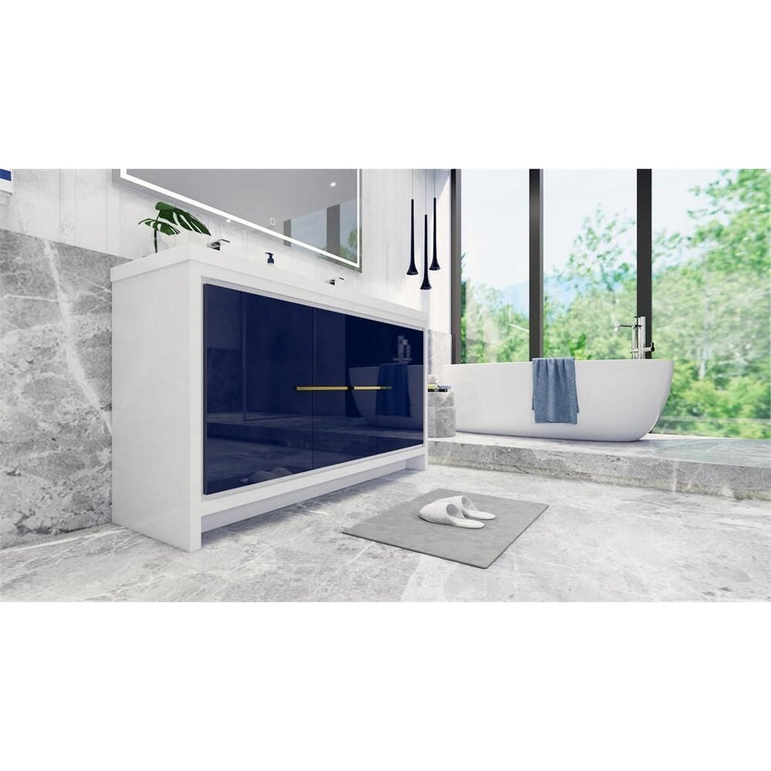 Amara 60&quot; High Gloss Night Blue Freestanding Vanity With Double Reinforced White Acrylic Sinks