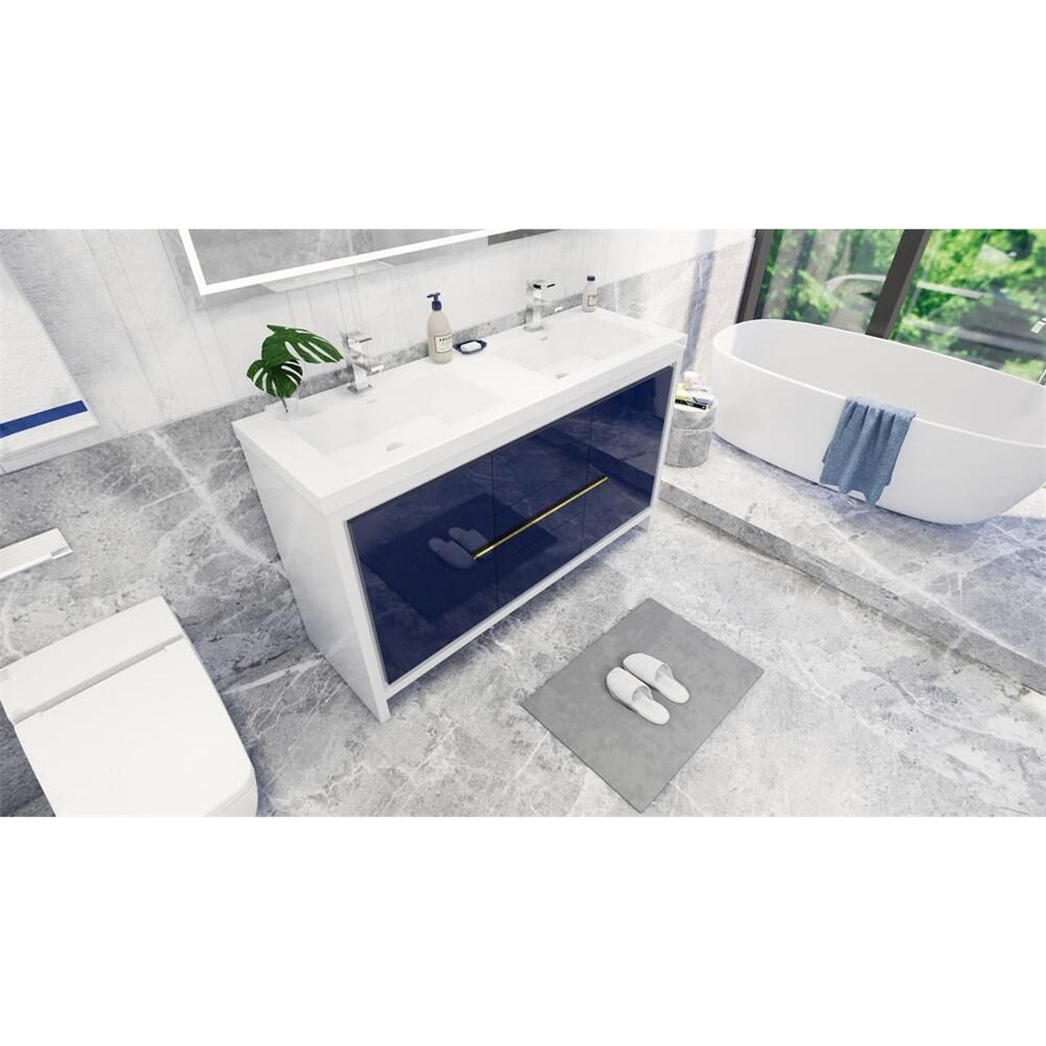 Amara 60&quot; High Gloss Night Blue Freestanding Vanity With Double Reinforced White Acrylic Sinks