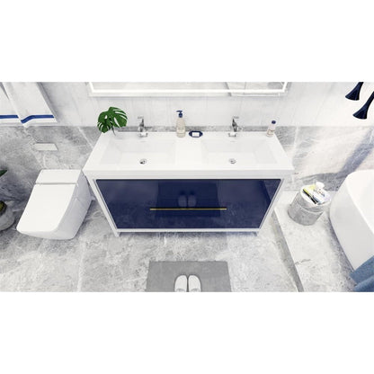 Amara 60&quot; High Gloss Night Blue Freestanding Vanity With Double Reinforced White Acrylic Sinks