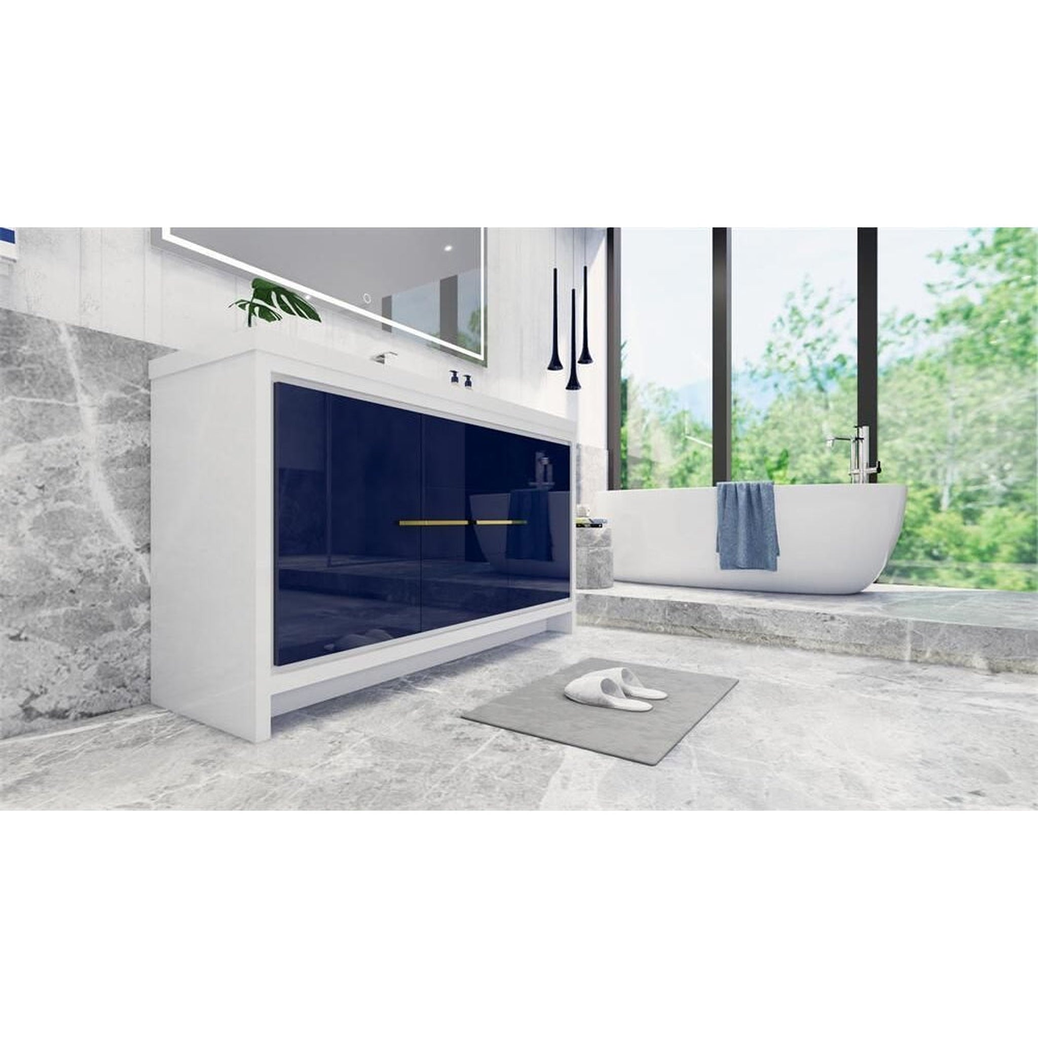 Amara 60&quot; High Gloss Night Blue Freestanding Vanity With Single Reinforced White Acrylic Sink