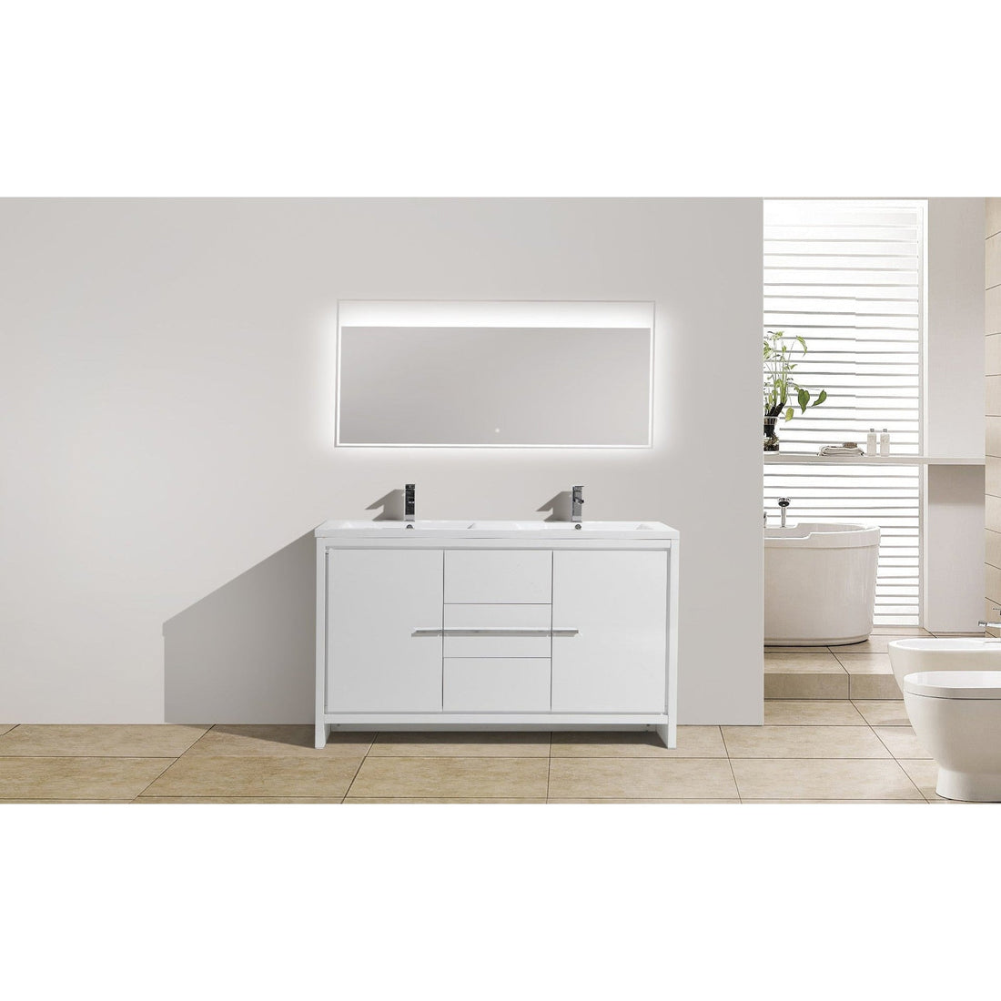 Amara 60&quot; High Gloss White Freestanding Vanity With Double Reinforced White Acrylic Sinks